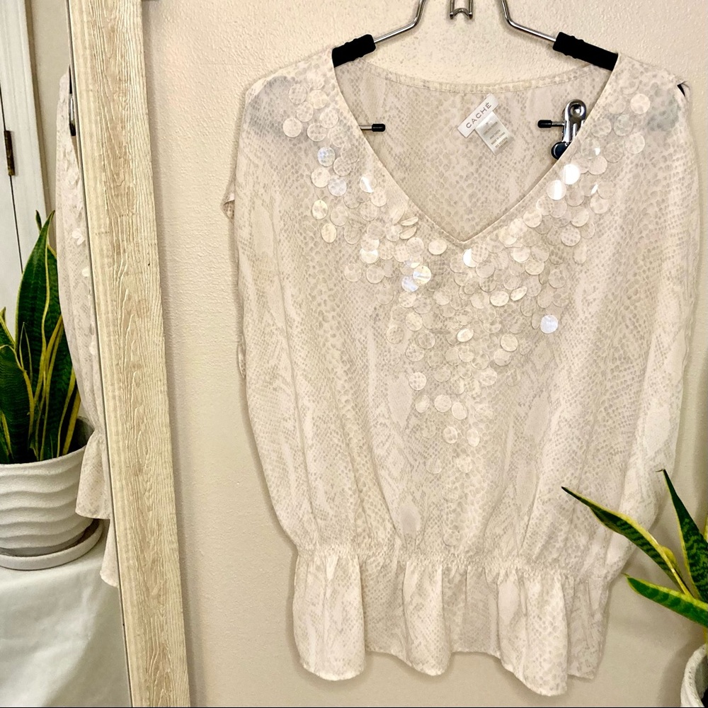 CACHE White Lightweight Snakeskin Print Sequin Top